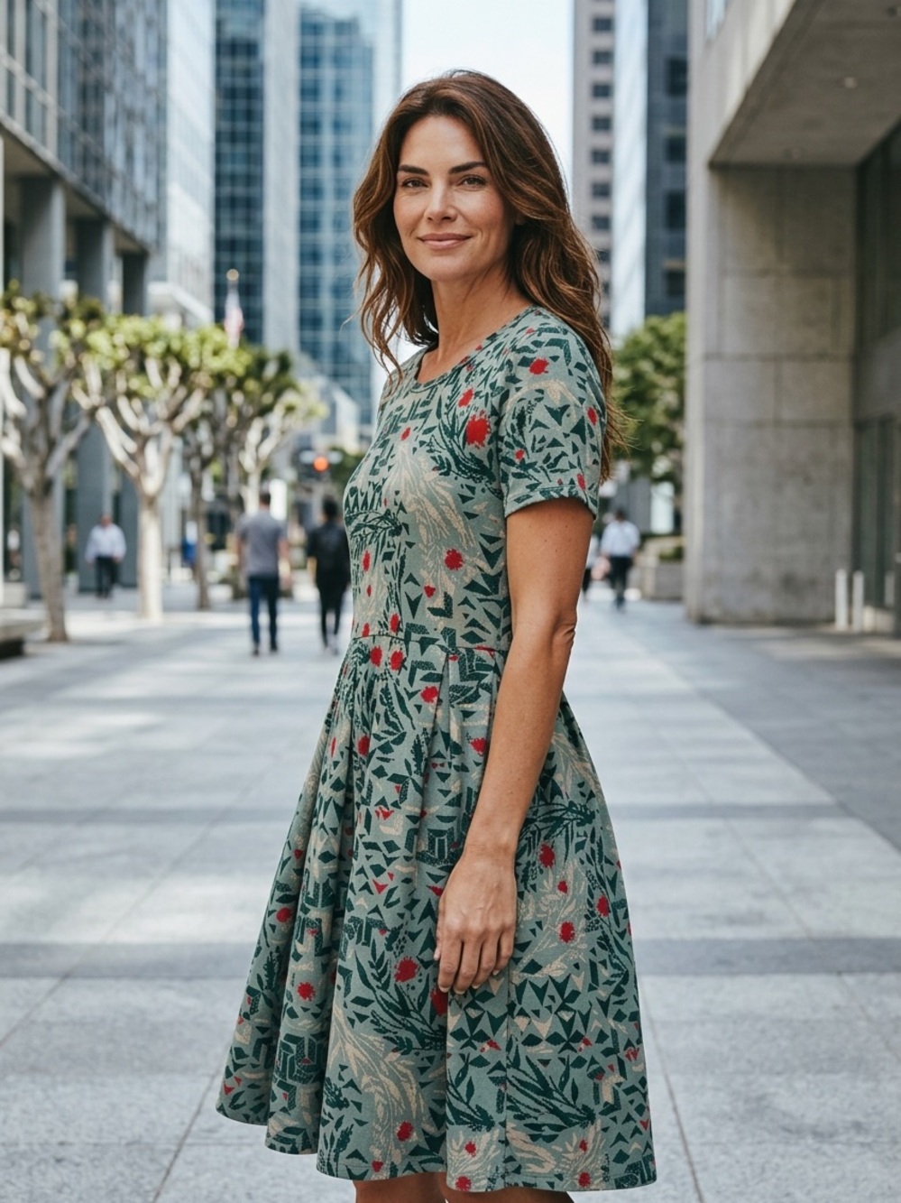LuLaRoe Green Floral Fit-and-Flare Midi Dress with Red Accents